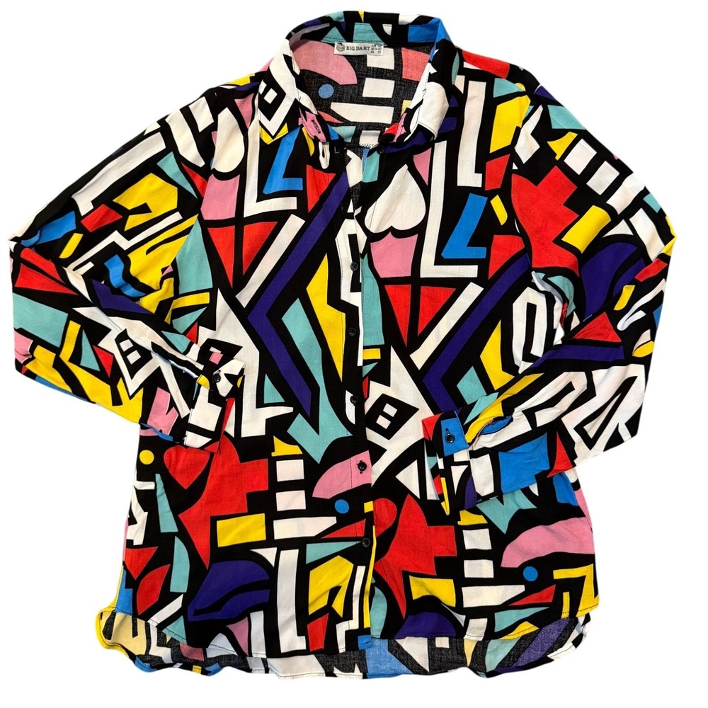 BIG DART Retro Geometric Abstract Button Down Long Sleeve Multicolored UK12